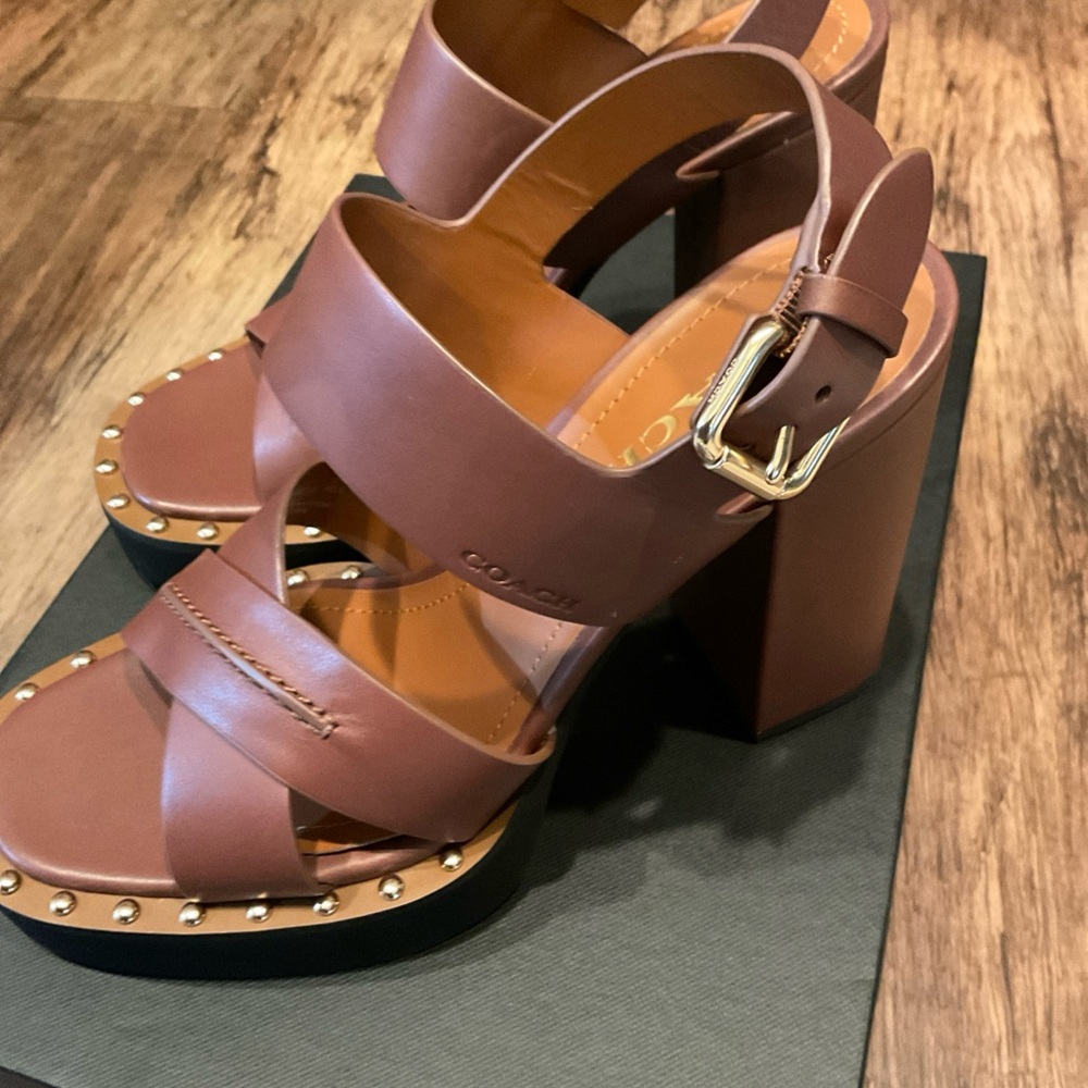 Coach Brown Leather Studded Platform Sandals - Picture 3 of 6